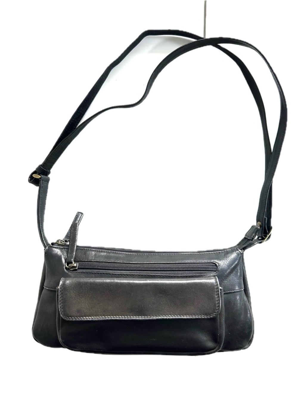 Derek Alexander Black Leather Flap Zip Organizer Pocket Crossbody Phone Bag